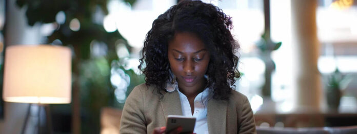 A woman using a mobile phone with texting software designed for nonprofits, enhancing communication.