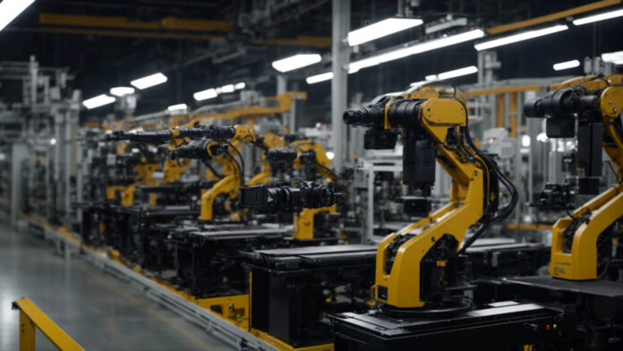 An assembly line in a factory featuring robots, highlighting the role of AI enablement in modern production.