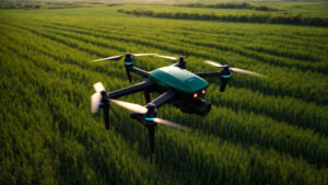 Drone flying over a lush green field, symbolizing AI advancements in agriculture for improved crop yield and sustainability.